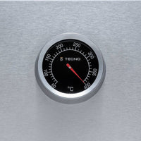 Churrasqueira Tecno termômetro analógico em inox mostrando até 400°C, detalhe do painel da Churrasqueira Tecno Professional