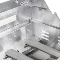 Churrasqueira Tecno a gás inox 100cm interior com 4 queimadores e cubas em aço inox 304, detalhe do sistema de queimador e espeto infravermelho