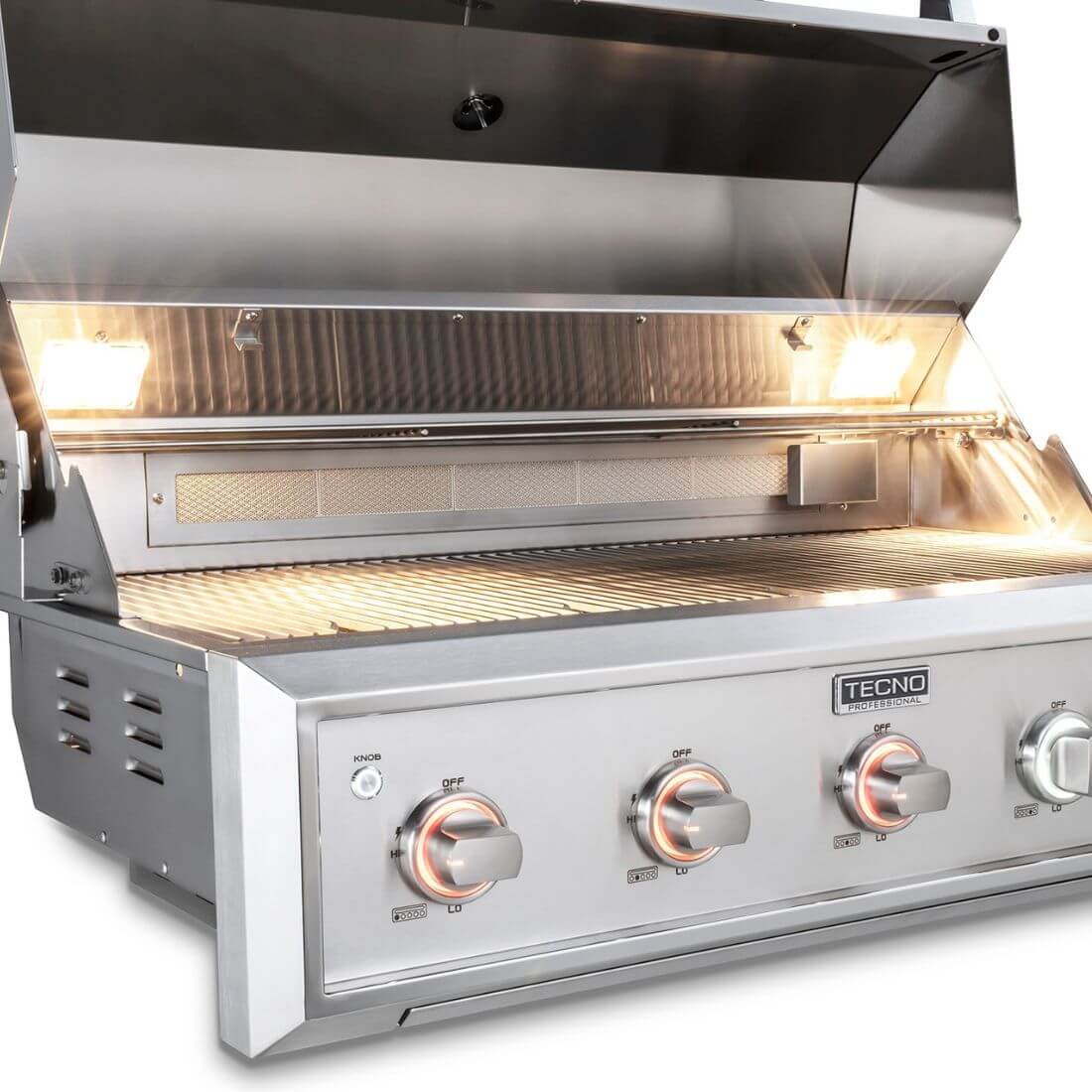 Alt Tag: Churrasqueira Tecno Professional a Gás 4 Queimadores Inox 100cm em aço inox 304 com painel e botões frontais iluminados