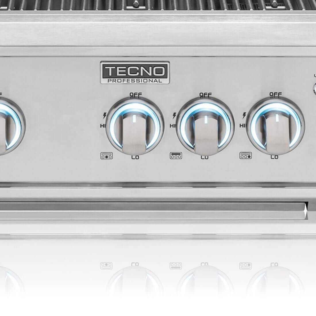 Churrasqueira Tecno a gás inox 100cm com 4 queimadores iluminados, painel de controle profissional e acabamento em aço inox 304