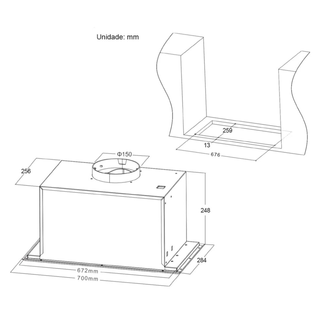 Coifa CrissAir de Embutir no Móvel Inox 70cm — desenho técnico da coifa de embutir em inox com duto Ø150mm, medidas e furação para instalação