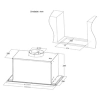 Coifa CrissAir de Embutir no Móvel Inox 70cm — desenho técnico da coifa de embutir em inox com duto Ø150mm, medidas e furação para instalação