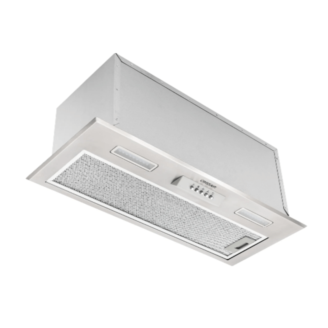 Coifa CrissAir de Embutir no Móvel Inox 70cm embutida em inox escovado, formato retangular slim, filtro metálico e botões push