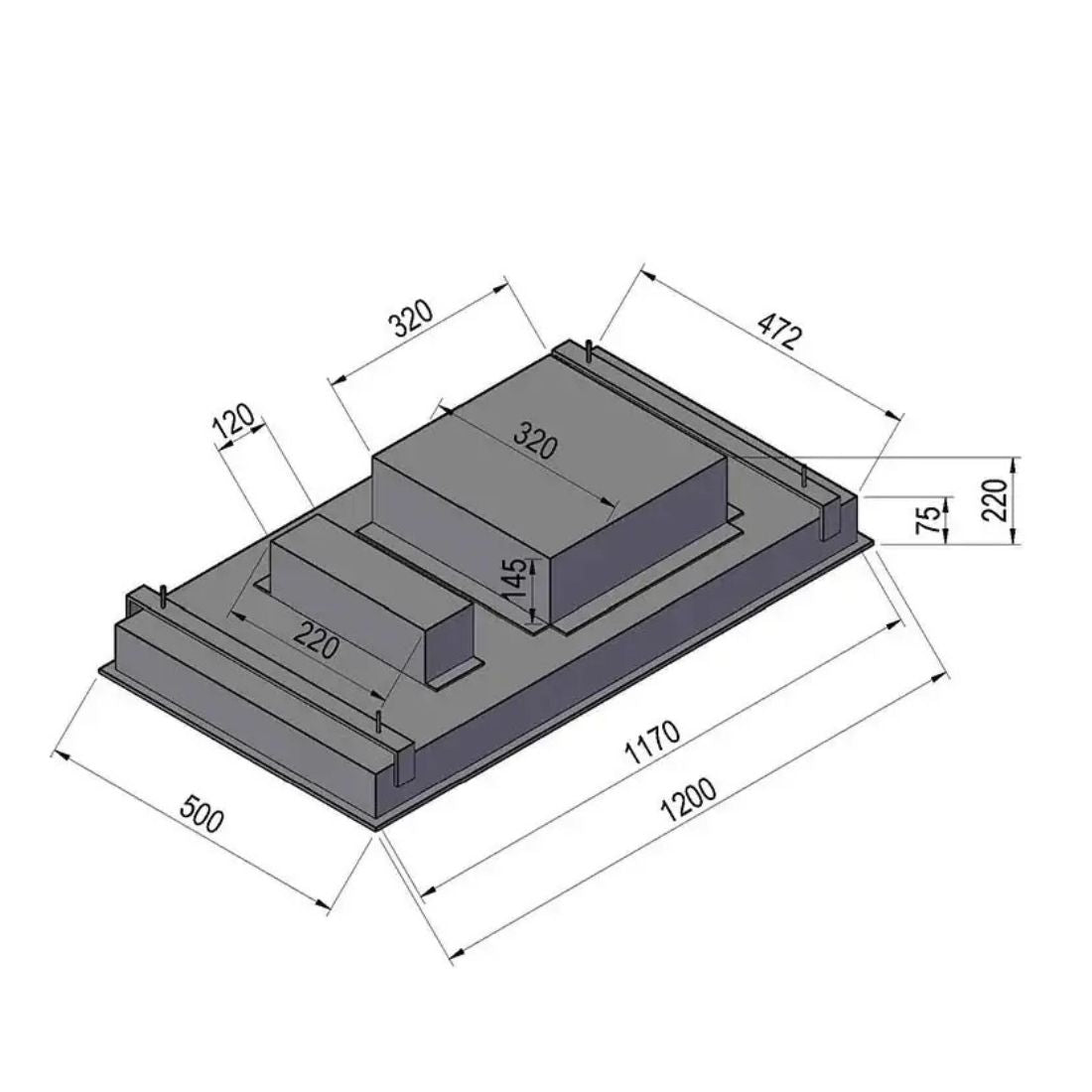 Coifa CrissAir de embutir no Teto Inox 120cm — vista técnica do recorte e dimensões em inox slim com duto embutido e painel remoto