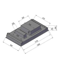 Coifa CrissAir de embutir no Teto Inox 120cm — vista técnica do recorte e dimensões em inox slim com duto embutido e painel remoto