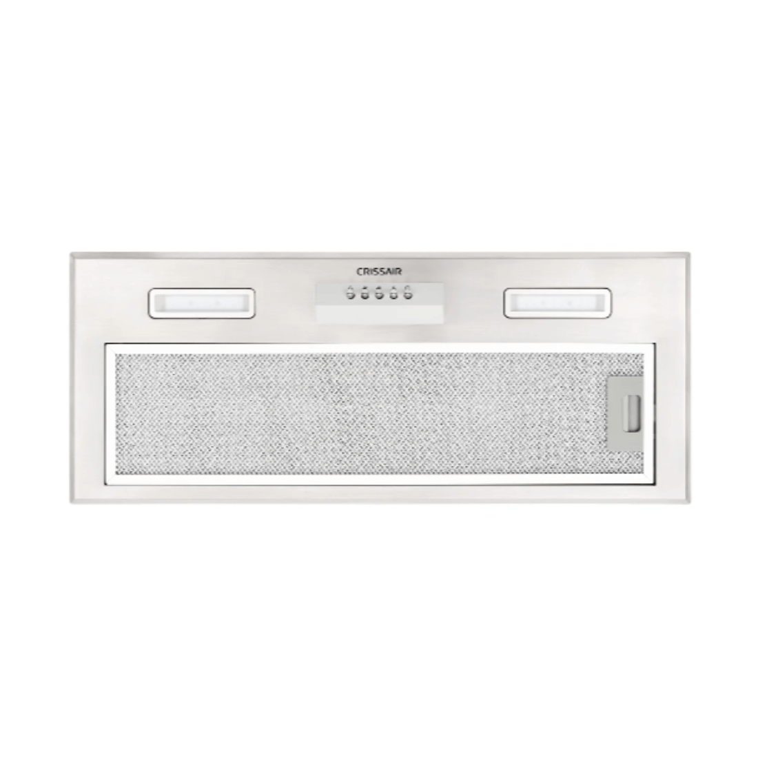 Alt Tag: Coifa CrissAir de Embutir no Móvel Inox 70cm - coifa de embutir em inox escovado com grade filtrante, botões push e iluminação retangular