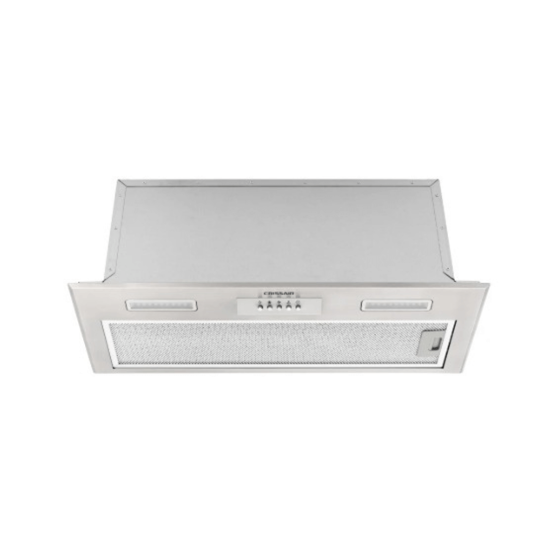 Coifa CrissAir de Embutir no Móvel Inox 70cm embutida em inox escovado com painel de botões, filtros visíveis e iluminação LED