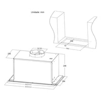 Coifa CrissAir de Embutir no Móvel Inox 90cm mostrando medidas e duto topo Ø150mm em aço inox com perfil retangular e encaixe para móvel