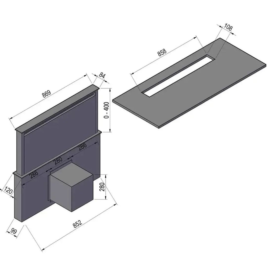 Coifa de Bancada CrissAir Dowdraft Inox e Vidro 90cm em instalação de bancada, desenho técnico com acabamentos inox e cristal preto e medidas