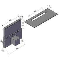 Coifa de Bancada CrissAir Dowdraft Inox e Vidro 90cm em instalação de bancada, desenho técnico com acabamentos inox e cristal preto e medidas