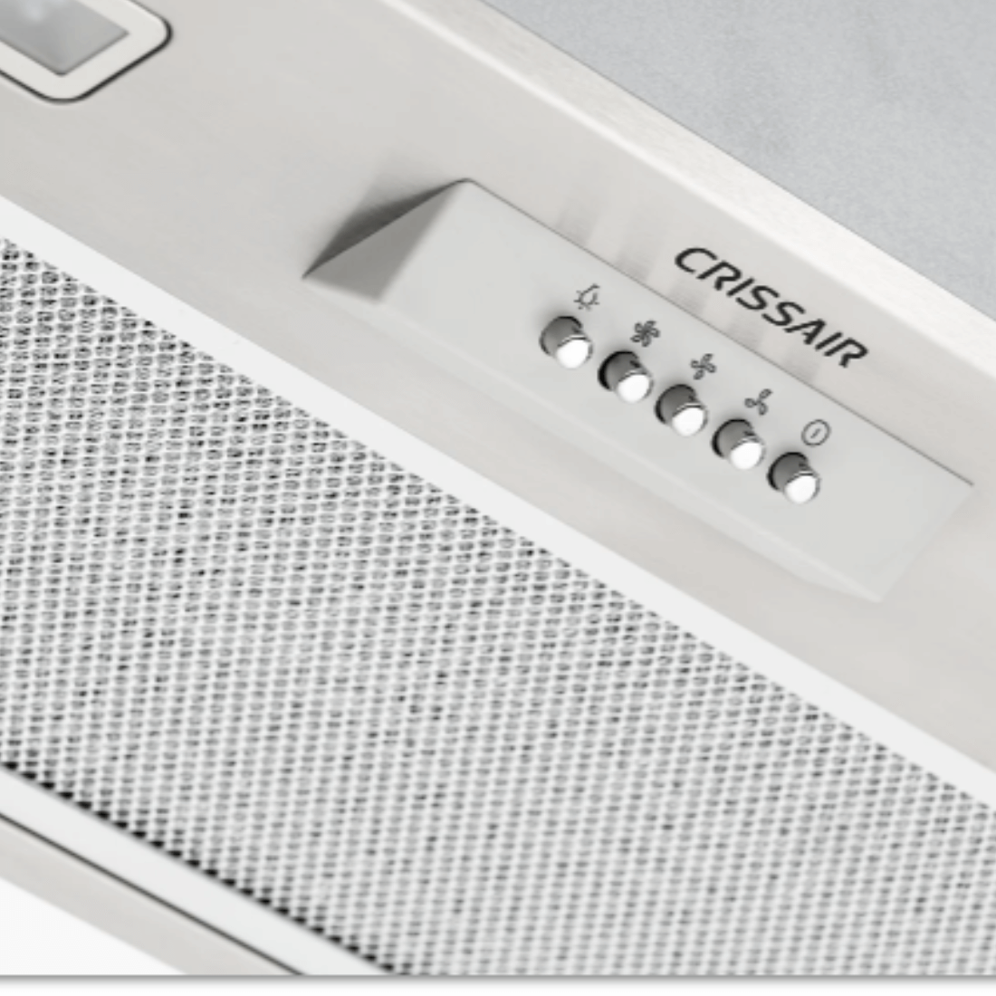 Coifa CrissAir de Embutir no Móvel Inox 90cm com acabamento inox escovado, botões push button visíveis e filtro metálico perfurado