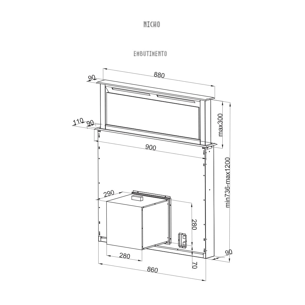 Coifa de Bancada Cuisinart Arkton Advanced Down Draft Inox 90cm, desenho técnico de embutimento em inox com mecanismo retrátil e dimensões