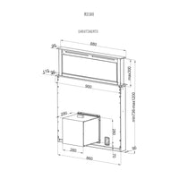 Coifa de Bancada Cuisinart Arkton Advanced Down Draft Inox 90cm, desenho técnico de embutimento em inox com mecanismo retrátil e dimensões