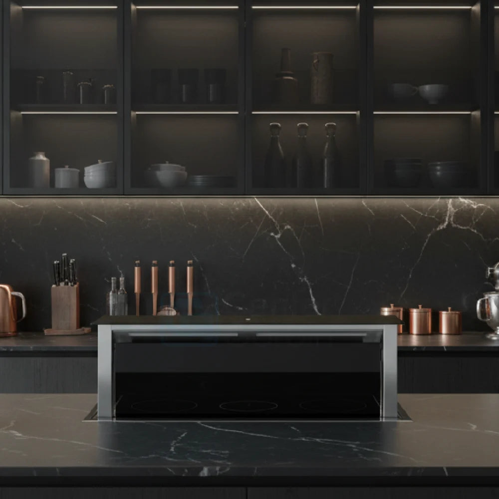 Coifa de Bancada Cuisinart Arkton Advanced Down Draft Inox 90cm em inox retrátil embutida na bancada, formato slim com painel touch e iluminação