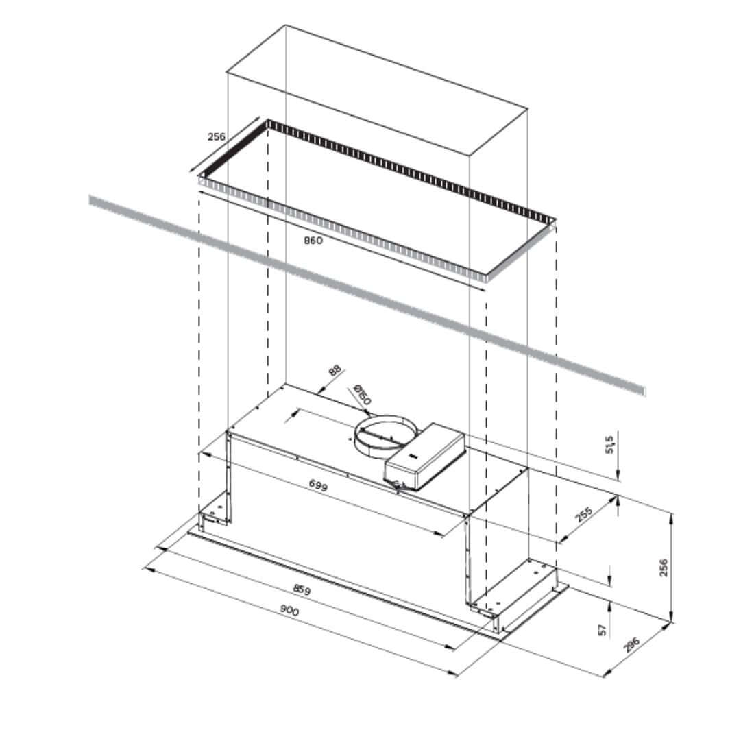 Coifa Cuisinart Arkton de Embutir no Móvel Preta 90cm em inox e vidro preto, desenho técnico da coifa de embutir com duto, medidas e painel