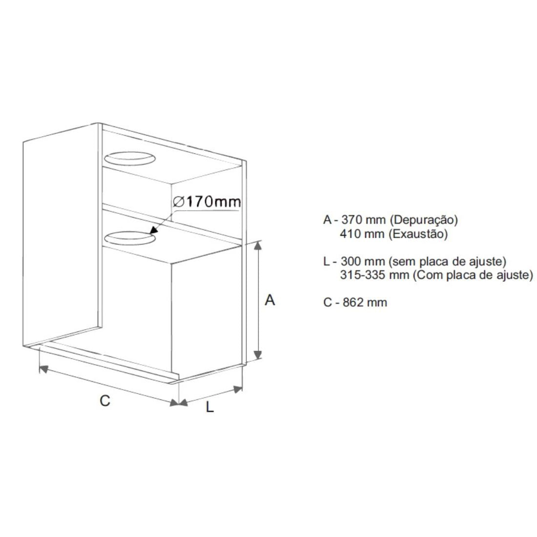 Coifa de Embutir no Móvel Debacco Montreal 90cm Vidro Preto mostrando diagrama de instalação embutida com duto Ø170mm e medidas A, C e L