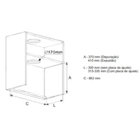 Coifa de Embutir no Móvel Debacco Montreal 90cm Vidro Preto mostrando diagrama de instalação embutida com duto Ø170mm e medidas A, C e L