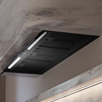 Coifa de Embutir no Móvel Debacco Montreal 90cm Vidro Preto instalada embutida com vidro preto, painel touch, iluminação LED e design slim