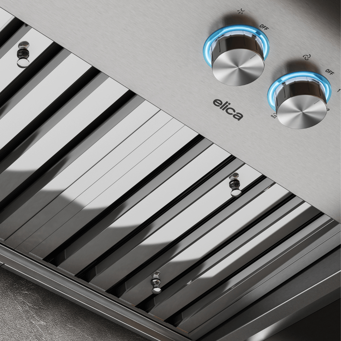 Coifa Elica de Embutir no Móvel Scanno 122cm Inox - painel inox com botões giratórios iluminados e filtros metálicos embutidos