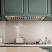 Coifa Elica de Embutir no Móvel Scanno 122cm Inox embutida em inox escovado, formato retangular, iluminação LED e painel com botões visíveis