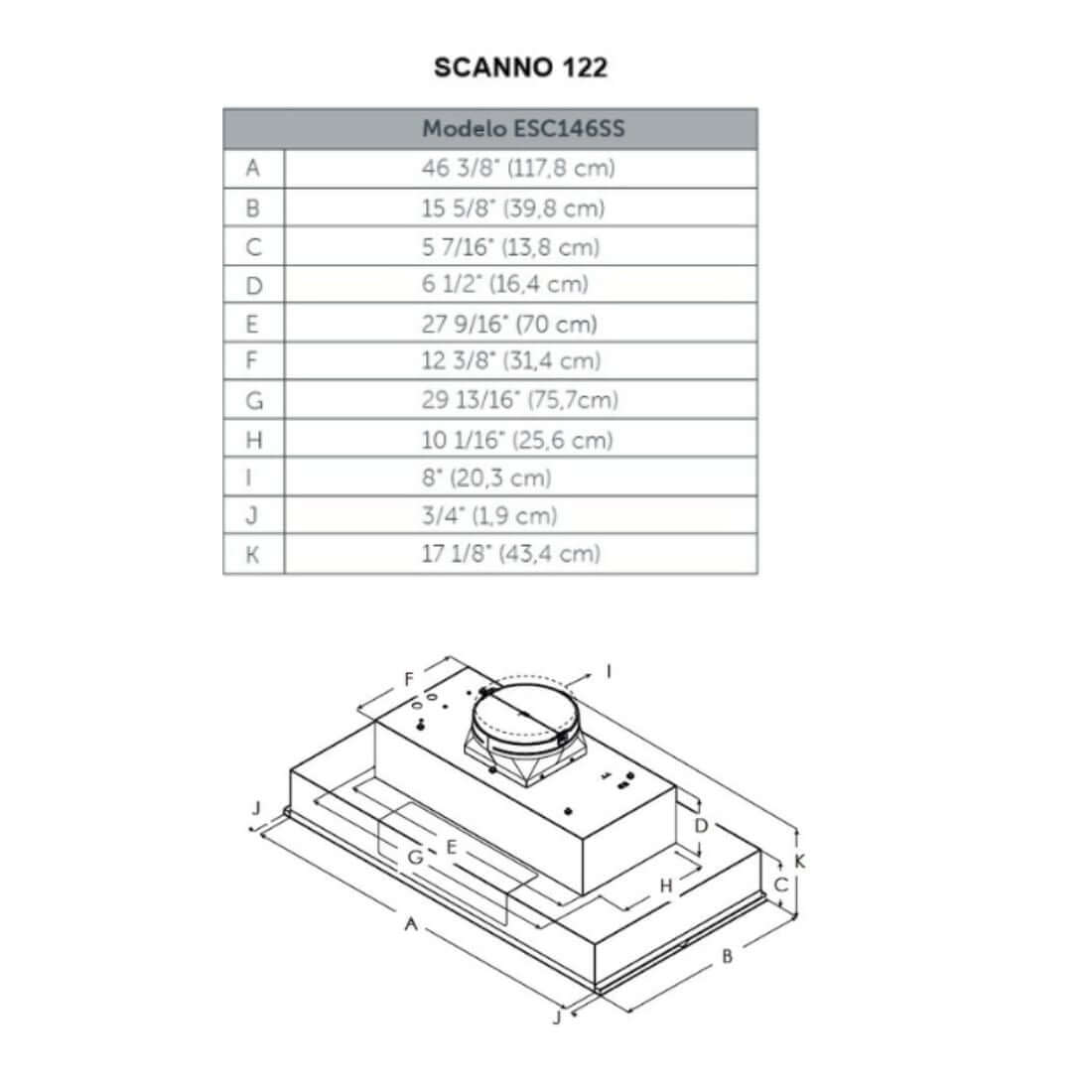 Coifa Elica de Embutir no Móvel Scanno 122cm Inox, desenho técnico com medidas, duto superior e acabamento inox visíveis