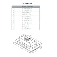 Coifa Elica de Embutir no Móvel Scanno 122cm Inox, desenho técnico com medidas, duto superior e acabamento inox visíveis