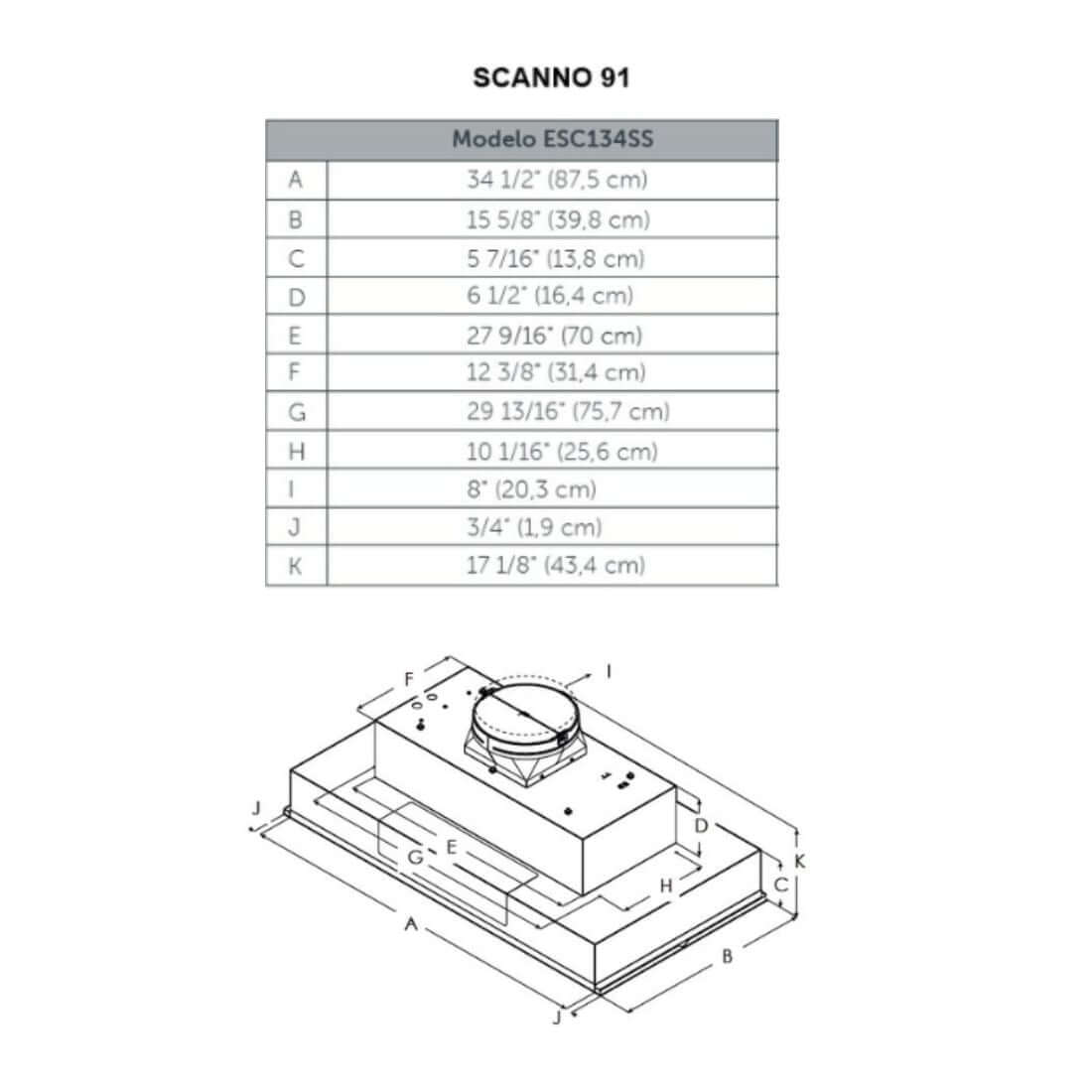 Coifa Elica de Embutir no Móvel Scanno 91cm Inox mostrando esquema técnico com dimensões, duto superior e acabamento em inox