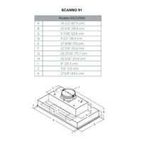 Coifa Elica de Embutir no Móvel Scanno 91cm Inox mostrando esquema técnico com dimensões, duto superior e acabamento em inox