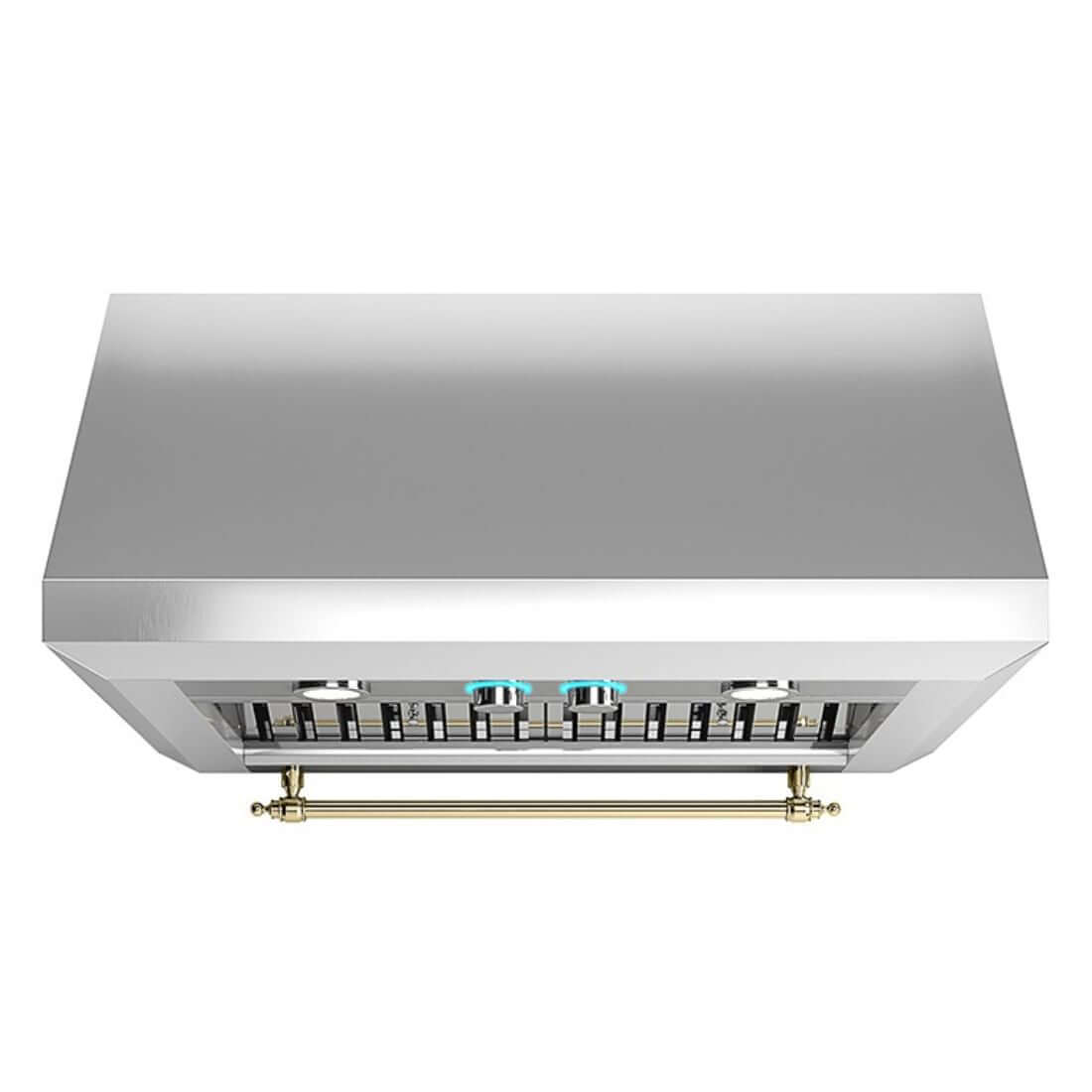 Coifa Elica de Parede New Calabria Vintage 91cm Inox em inox com formato inclinado, filtro metálico visível e barra dourada decorativa