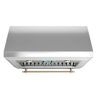 Coifa Elica de Parede New Calabria Vintage 91cm Inox em inox com formato inclinado, filtro metálico visível e barra dourada decorativa