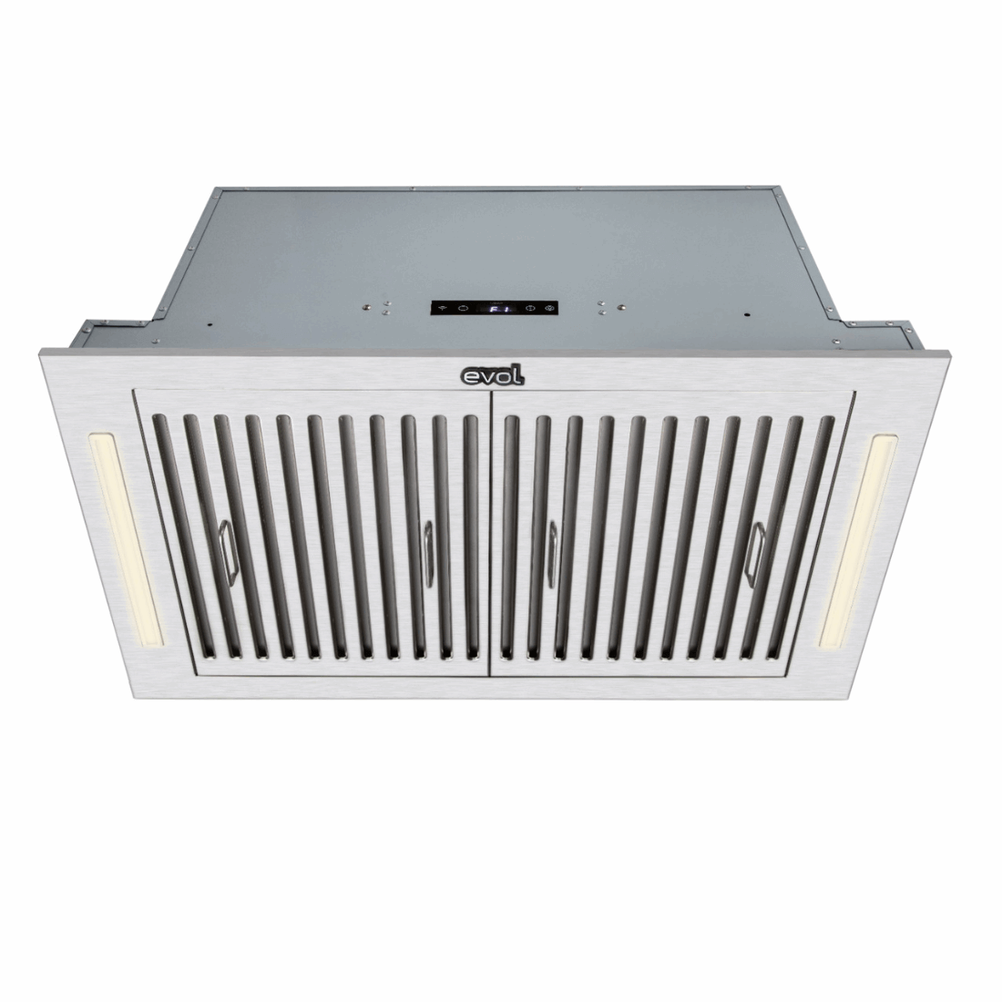 Coifa Evol Gamma de Embutir no Móvel Inox 84cm com acabamento inox, formato retangular slim, filtros metálicos, iluminação LED e painel touch