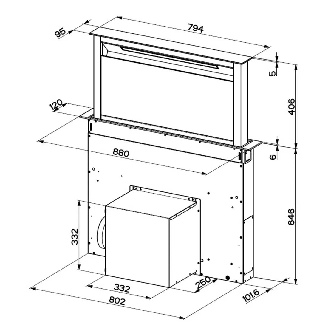 Coifa de Bancada Franke Mythos DownDraft Inox e Vidro 90cm vista técnica em desenho com dimensões, acabamento inox e painel retrátil touch