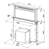 Coifa de Bancada Franke Mythos DownDraft Inox e Vidro 90cm vista técnica em desenho com dimensões, acabamento inox e painel retrátil touch