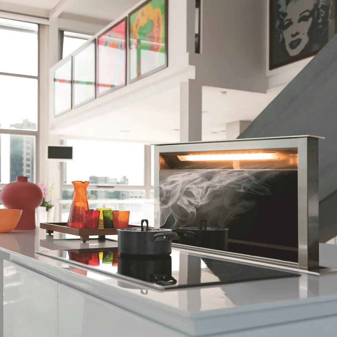 Coifa de Bancada Franke Mythos DownDraft Inox e Vidro 90cm — coifa de embutir inox e vidro slim com painel touch, LED e duto retrátil