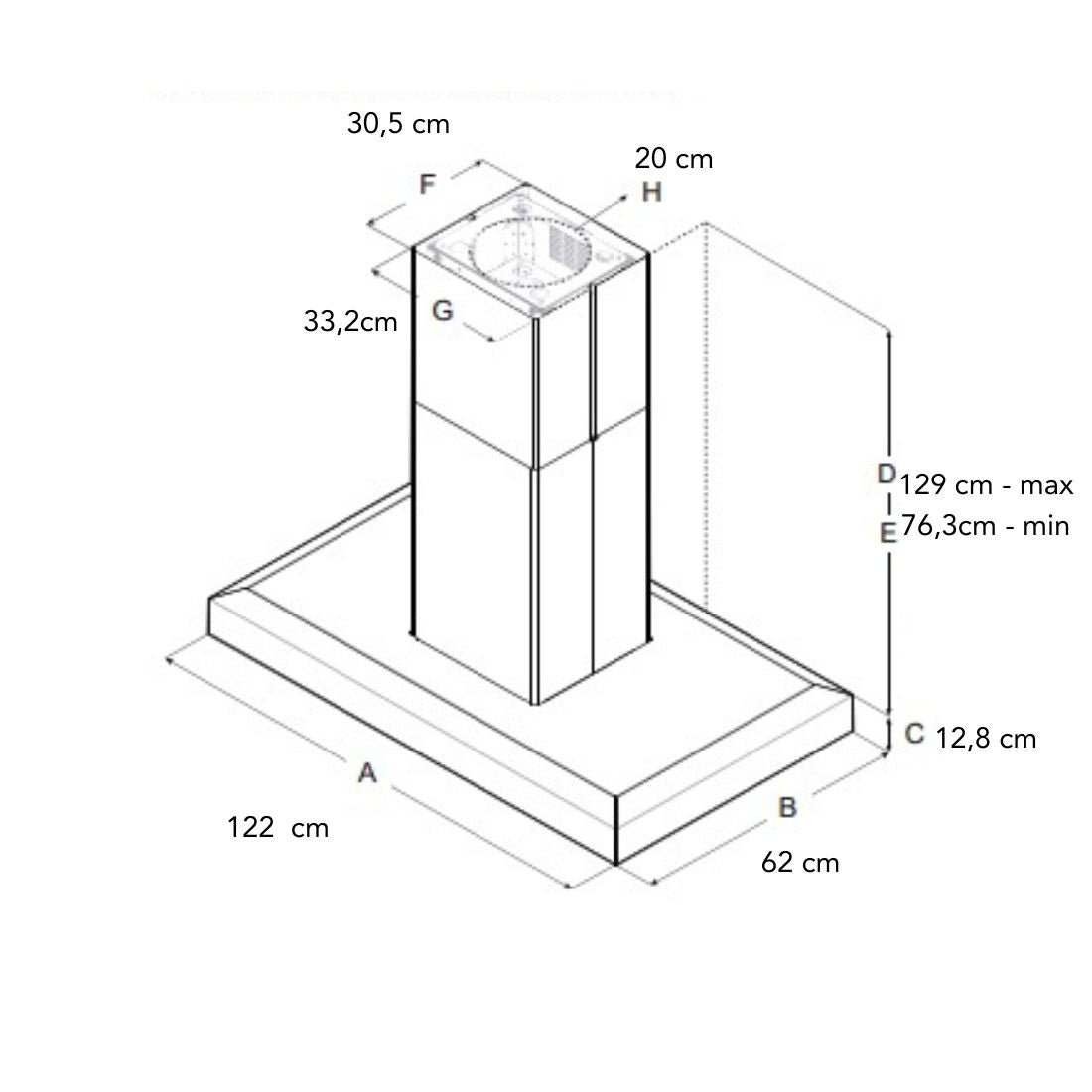 Coifa Bertazzoni Vavano de Ilha Inox 122cm, desenho técnico mostrando dimensões, duto telescópico em inox e base retangular