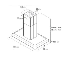 Coifa Bertazzoni Vavano de Ilha Inox 122cm, desenho técnico mostrando dimensões, duto telescópico em inox e base retangular