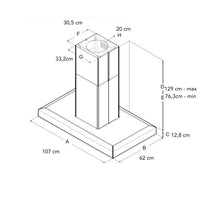 Coifa Bertazzoni Vavano de Ilha Inox 107cm desenho técnico da coifa de ilha em inox com duto telescópico e medidas em planta