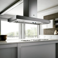 Coifa Bertazzoni Vavano de Ilha Inox 122cm suspensa em ilha, acabamento inox escovado, formato retangular, iluminação LED e duto visível