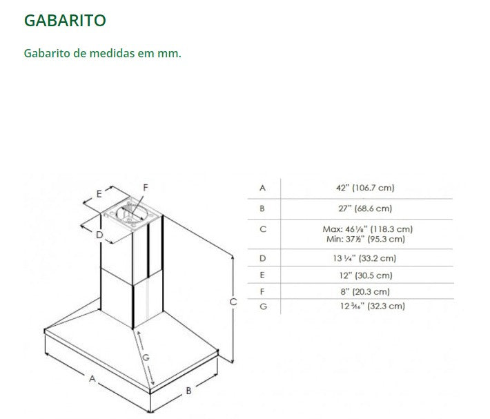 Coifa Bertazzoni Leone de Ilha Inox 106cm: gabarito técnico em vista isométrica com medidas, duto e formato piramidal em inox