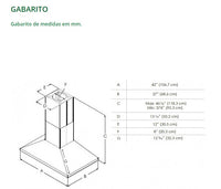 Coifa Bertazzoni Leone de Ilha Inox 106cm: gabarito técnico em vista isométrica com medidas, duto e formato piramidal em inox