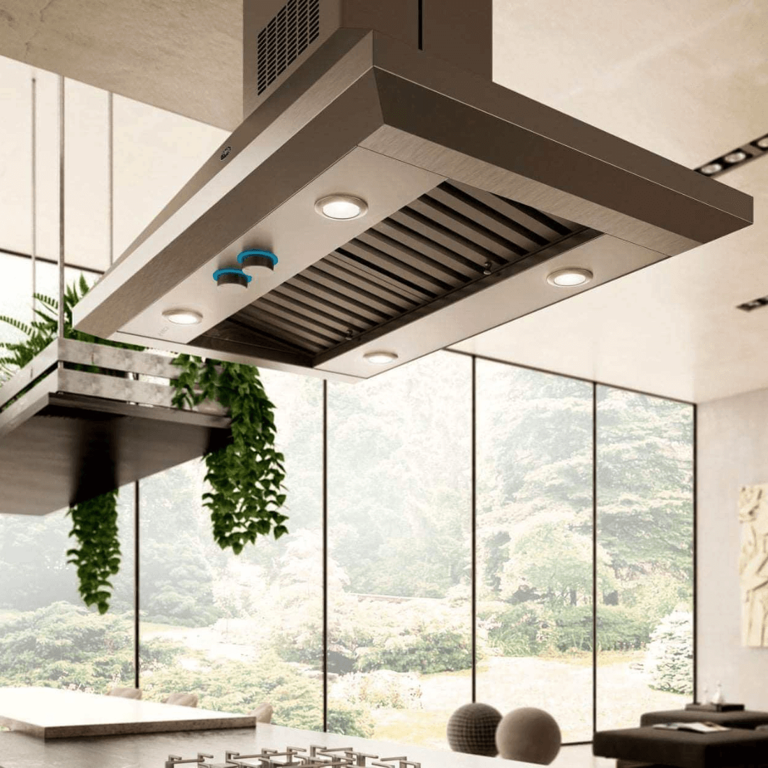 Coifa Bertazzoni Leone de Ilha Inox 106cm, coifa de ilha em inox escovado retangular com luzes LED e duto visível, painel de botões