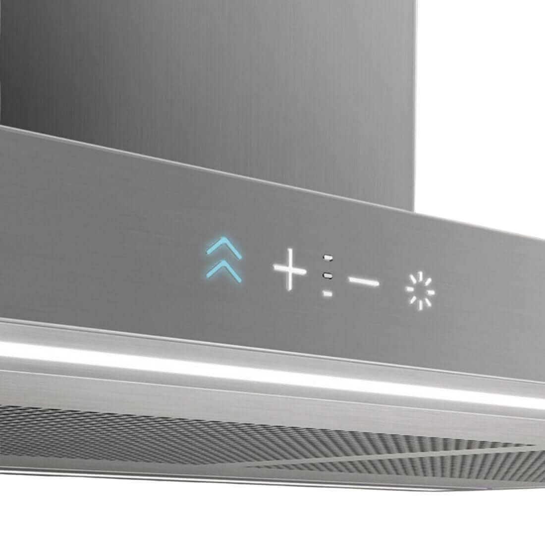Coifa Bertazzoni Thin Ilha Inox 120cm: detalhe do painel touch iluminado em inox escovado, formato slim e iluminação LED