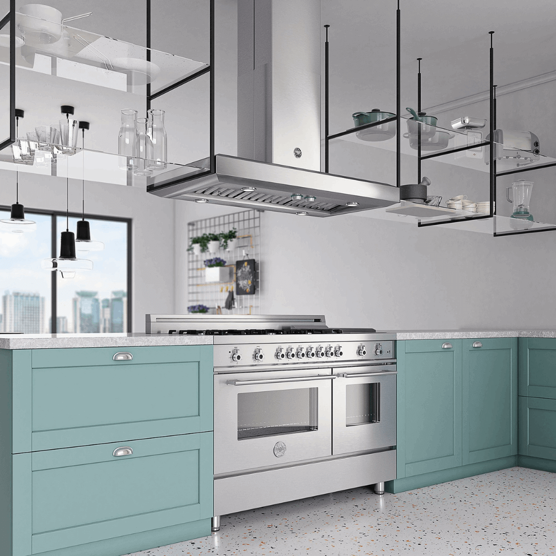 Coifa Bertazzoni Vavano de Ilha Inox 122cm, coifa de ilha inox escovado, formato retangular, painel touch e duto aparente