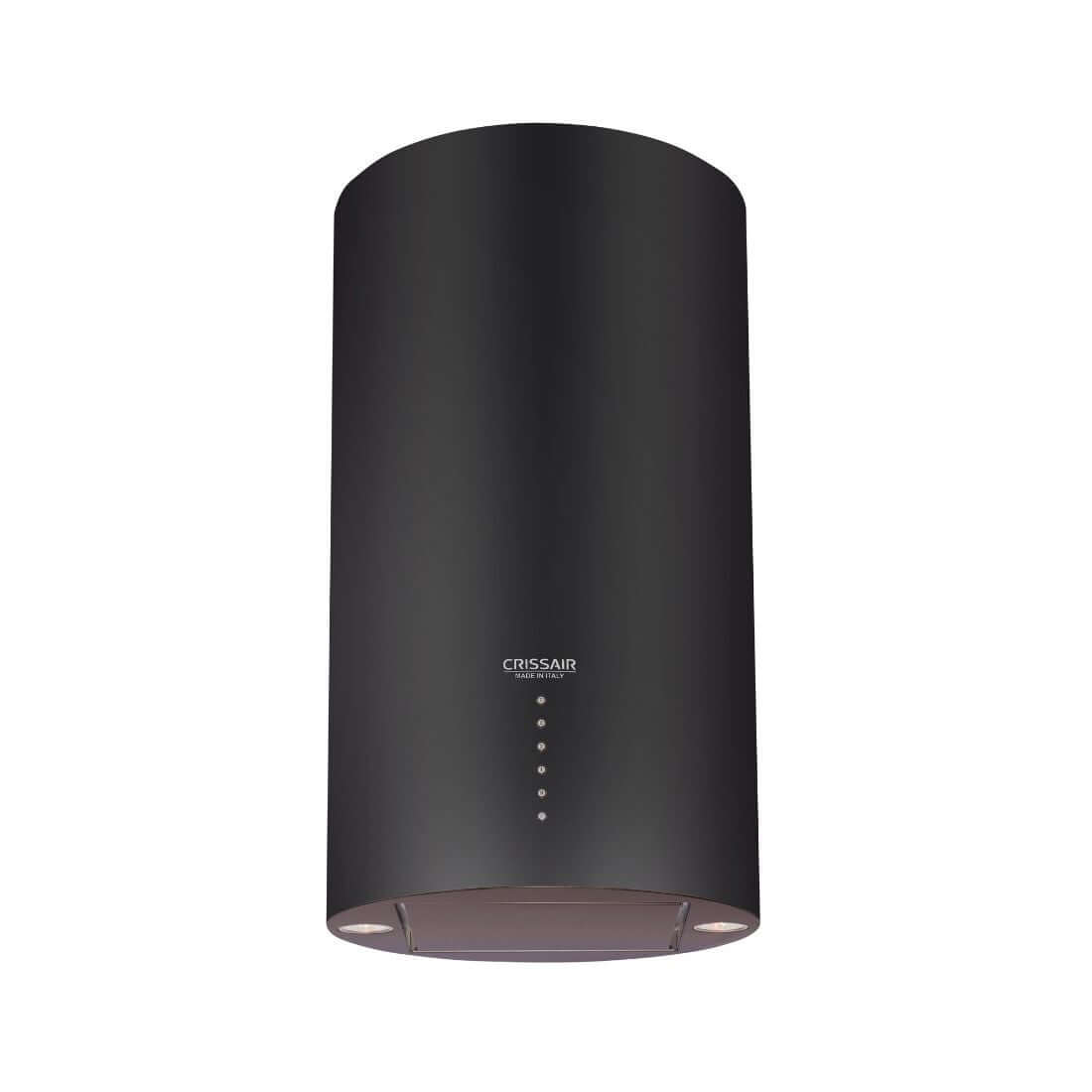 Coifa ilha CrissAir Isola Cilindro Black 40cm — coifa de ilha preta cilíndrica em inox com painel touch, iluminação LED e design slim