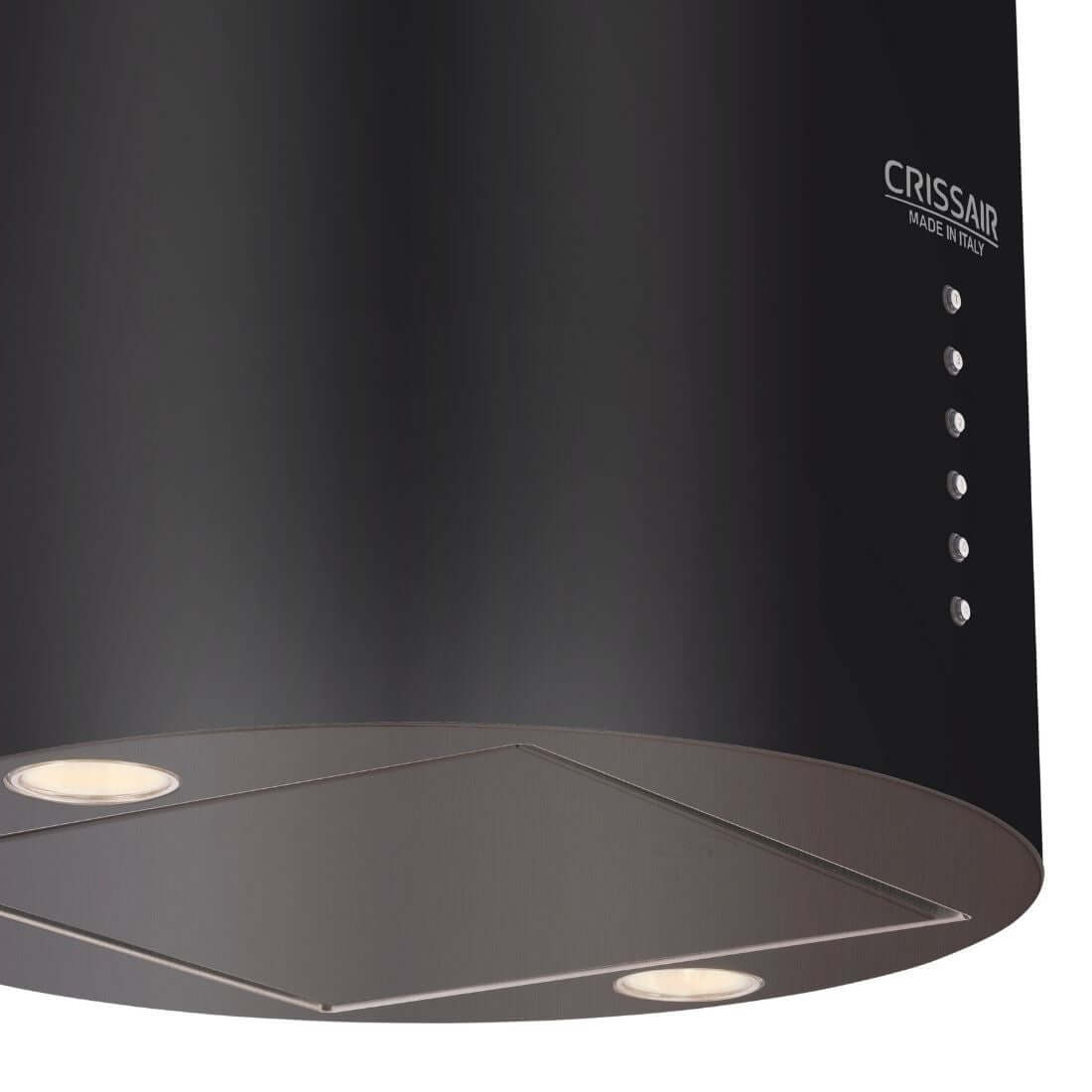 Coifa ilha CrissAir Isola Cilindro Black 40cm preta em inox com formato cilíndrico, iluminação LED e painel touch lateral
