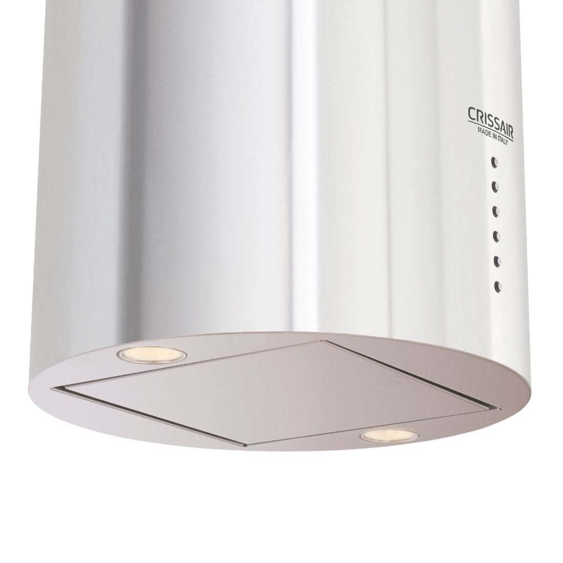 Coifa ilha CrissAir Isola Cilindro Inox 40cm em inox cilíndrica com LED, painel de botões visível, duto e acabamento polido