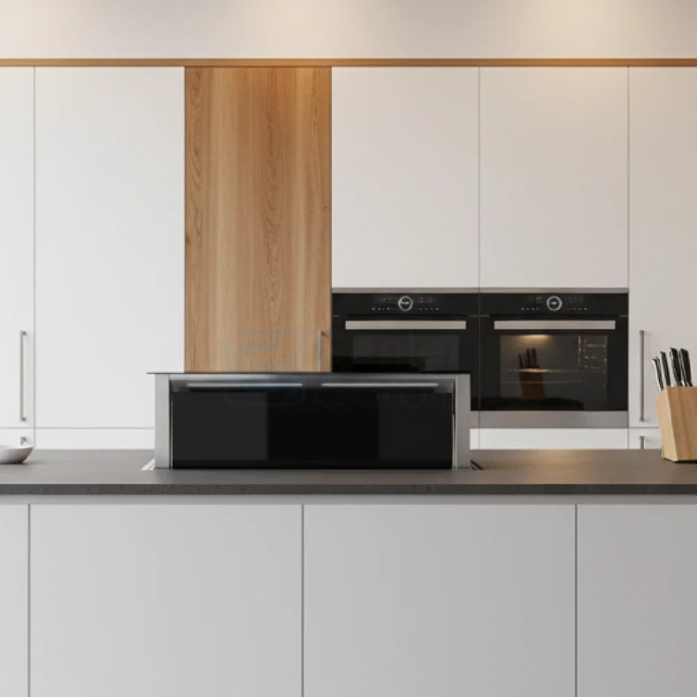 Coifa de Bancada Cuisinart Arkton Advanced Down Draft Inox 90cm em inox retrátil na bancada, formato retangular slim com painel touch e duto embutido