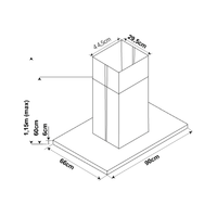 Coifa de Ilha Cuisinart Arkton Advanced 90cm Inox Preto vista técnica em desenho com dimensões, duto retangular e base 90x66cm