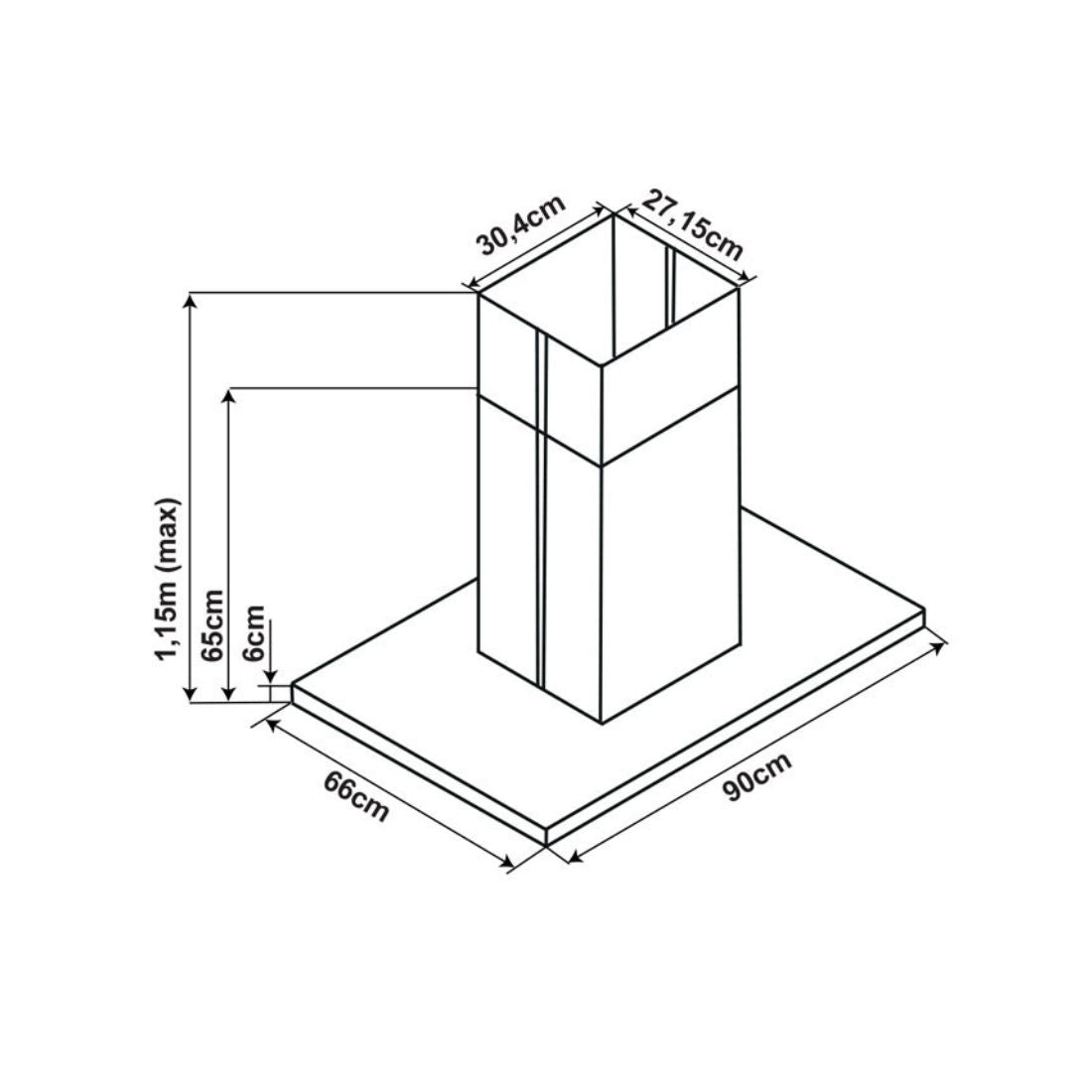 Coifa Ilha Cuisinart Arkton Inox 90cm, desenho técnico mostrando coifa de ilha slim em inox com duto telescópico, base 90x66cm e medidas
