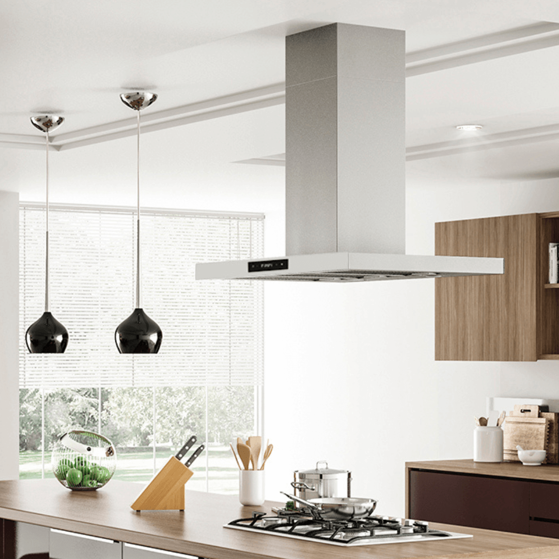 Coifa Ilha Cuisinart Casual Inox 90cm em inox slim, instalação de ilha com painel touch, duto vertical e iluminação discreta